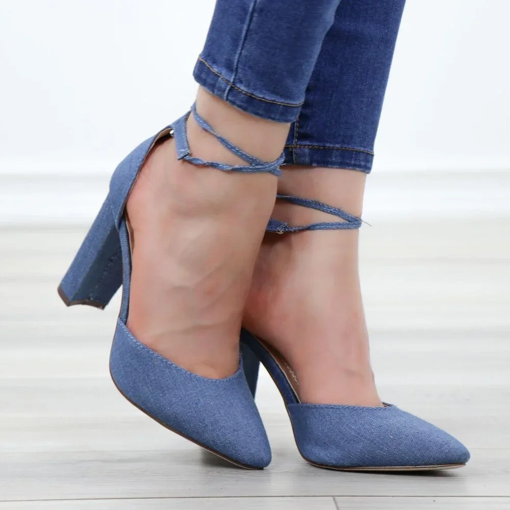 Denim Pointy Toe Block Lace-Up High Heel Pumps - Picture 6 of 15
